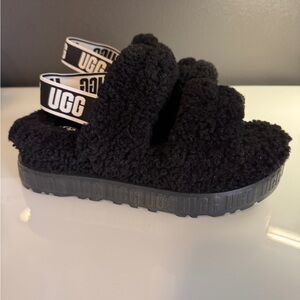 UGG Platform Black Fluffy Slippers